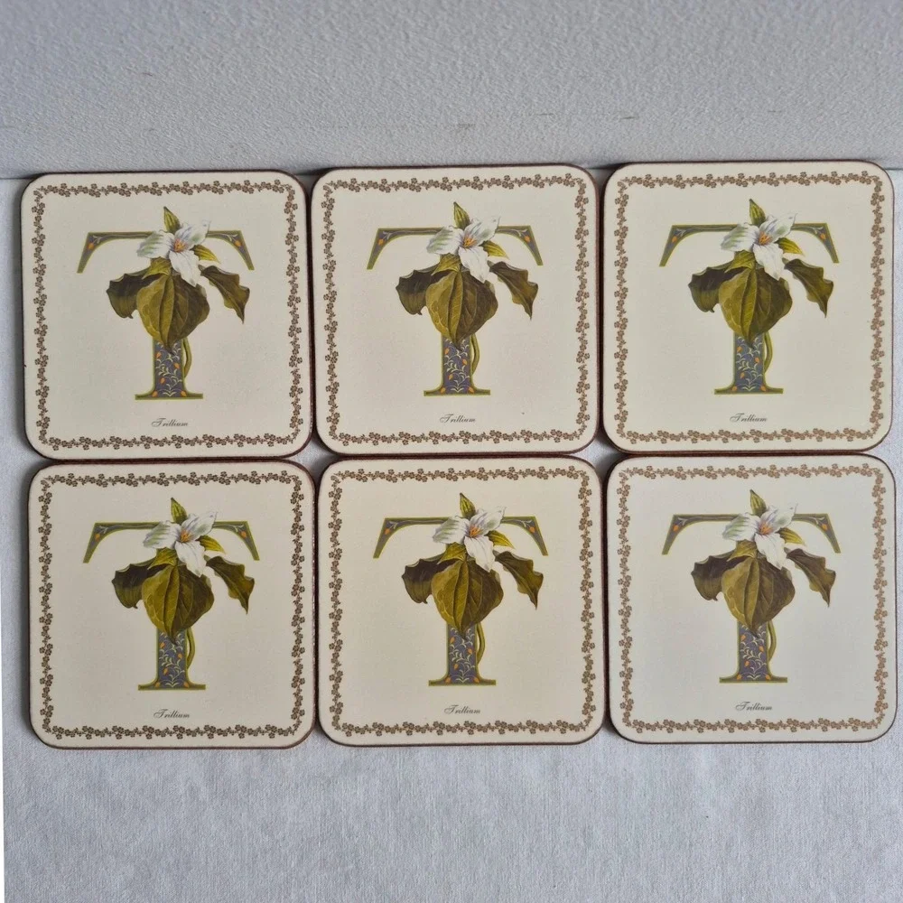 Pimpernel Coasters Cream Trillium Botanical Letter T Cork Back Set of 6